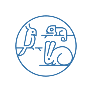 Icona circolare con profili di un pappagallo, un camaleonte e un coniglio, dedicata alla cura degli animali esotici non convenzionali presso l'ospedale veterinario a Verona.